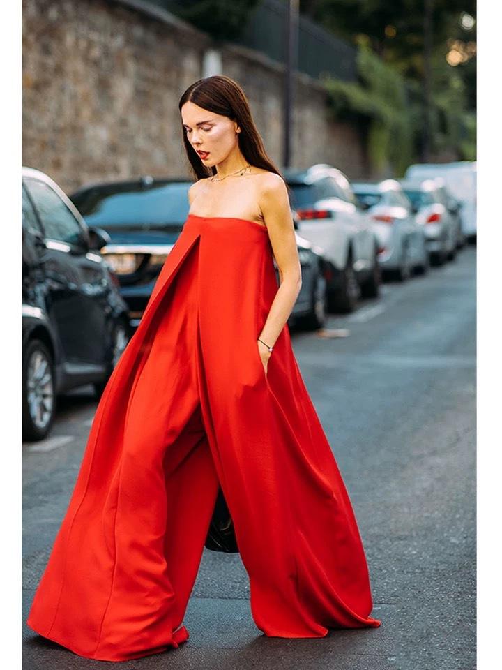 One-Word Flat Shoulder Red Big Loose Jumpsuit