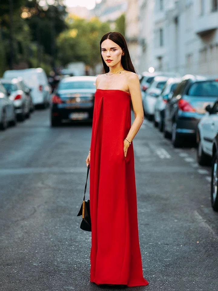 One-Word Flat Shoulder Red Big Loose Jumpsuit