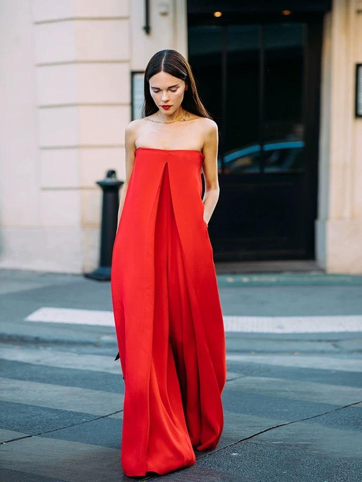 One-Word Flat Shoulder Red Big Loose Jumpsuit