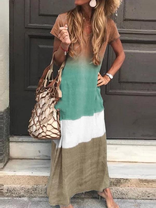 V-Neck Retro Gradient Casual Long Dress