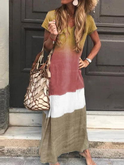 V-Neck Retro Gradient Casual Long Dress