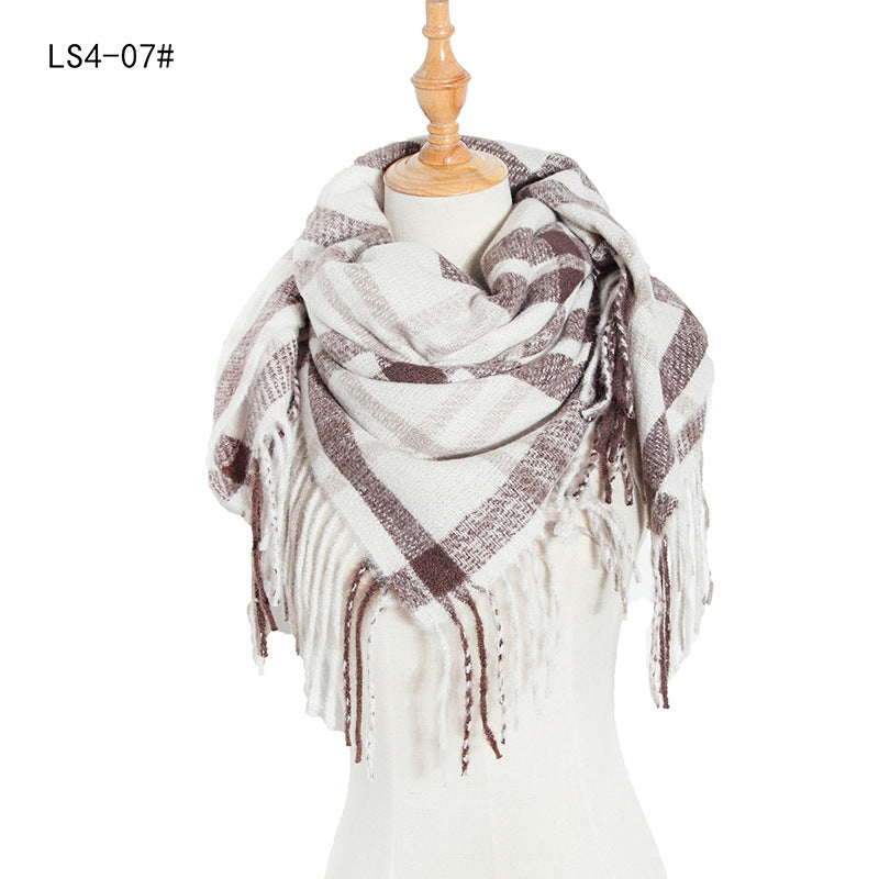 Winter Color Block Striped Tassel Square Scarf