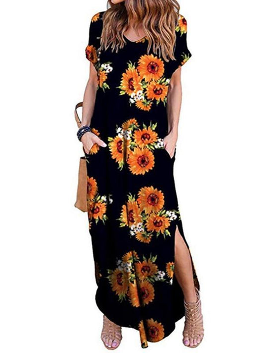 Printed Short Sleeve Pullover V-Neck Knit Casual Long Dress-2