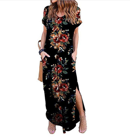 Printed Short Sleeve Pullover V-Neck Knit Casual Long Dress-2