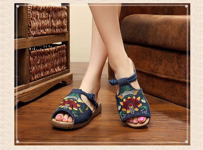 Ethnic Style Wedge With Non-Slip Fish Mouth Type Embroidered Sandals And Slippers