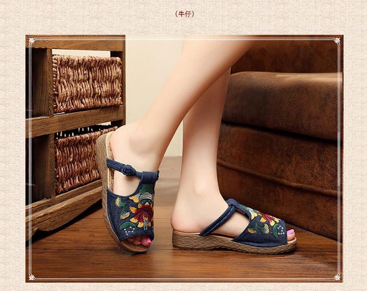 Ethnic Style Wedge With Non-Slip Fish Mouth Type Embroidered Sandals And Slippers