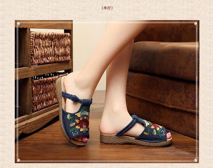 Ethnic Style Wedge With Non-Slip Fish Mouth Type Embroidered Sandals And Slippers