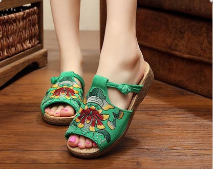 Ethnic Style Wedge With Non-Slip Fish Mouth Type Embroidered Sandals And Slippers