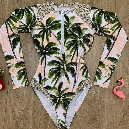 One Piece Wetsuit Swimsuit Women'S Sexy Sport Long Sleeve Printed Surf Swimsuit Monokini