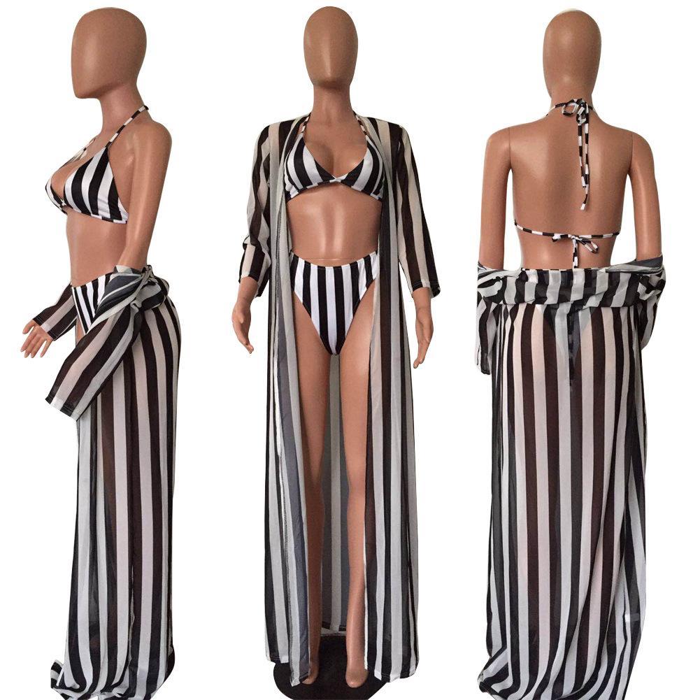 Sexy Black And White Striped Split Swimsuit Bikini Chiffon Cloak Three Piece Suit
