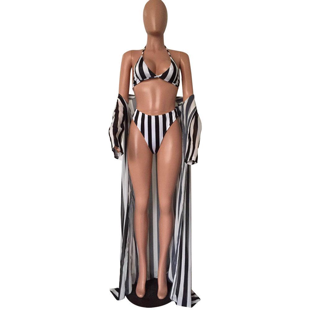 Sexy Black And White Striped Split Swimsuit Bikini Chiffon Cloak Three Piece Suit