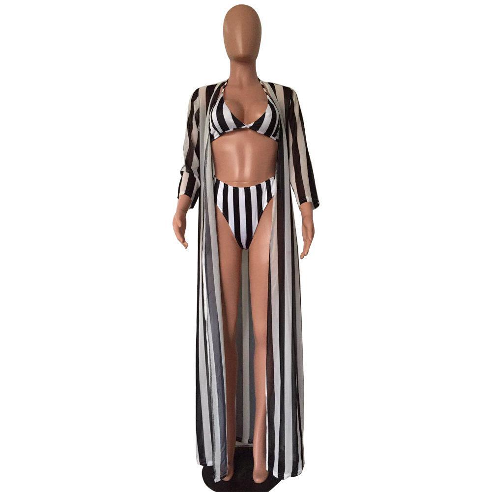 Sexy Black And White Striped Split Swimsuit Bikini Chiffon Cloak Three Piece Suit