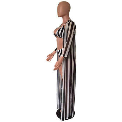 Sexy Black And White Striped Split Swimsuit Bikini Chiffon Cloak Three Piece Suit