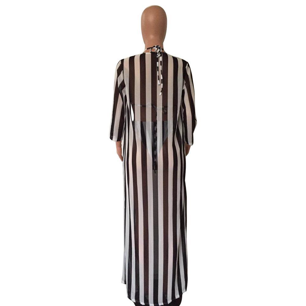 Sexy Black And White Striped Split Swimsuit Bikini Chiffon Cloak Three Piece Suit