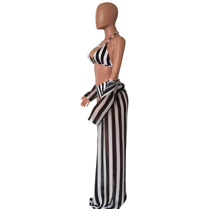 Sexy Black And White Striped Split Swimsuit Bikini Chiffon Cloak Three Piece Suit