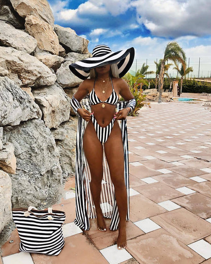 Sexy Black And White Striped Split Swimsuit Bikini Chiffon Cloak Three Piece Suit
