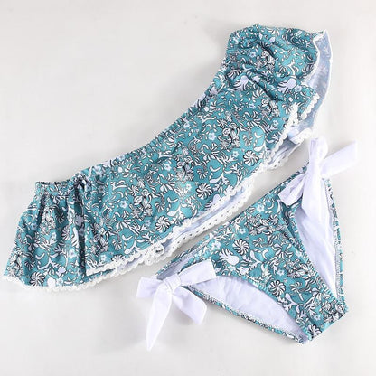 Sexy Print Large Ruffled Split Swimsuit