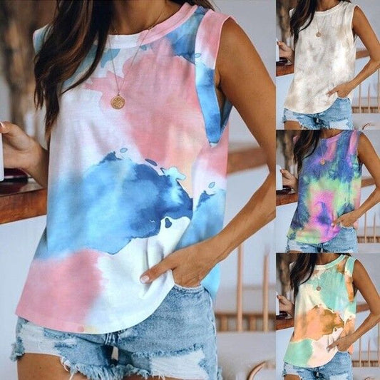 Women'S Top Collar Tie-Dye Printing Vest T-Shirt