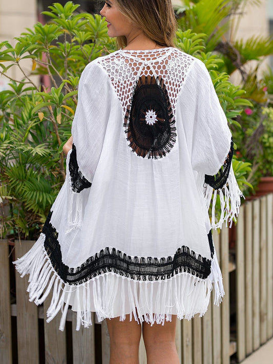 Black And White Crochet Patchwork Loose Fringed Cardigan