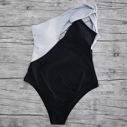 One Shoulder Black And White Stitching One Piece Swimsuit