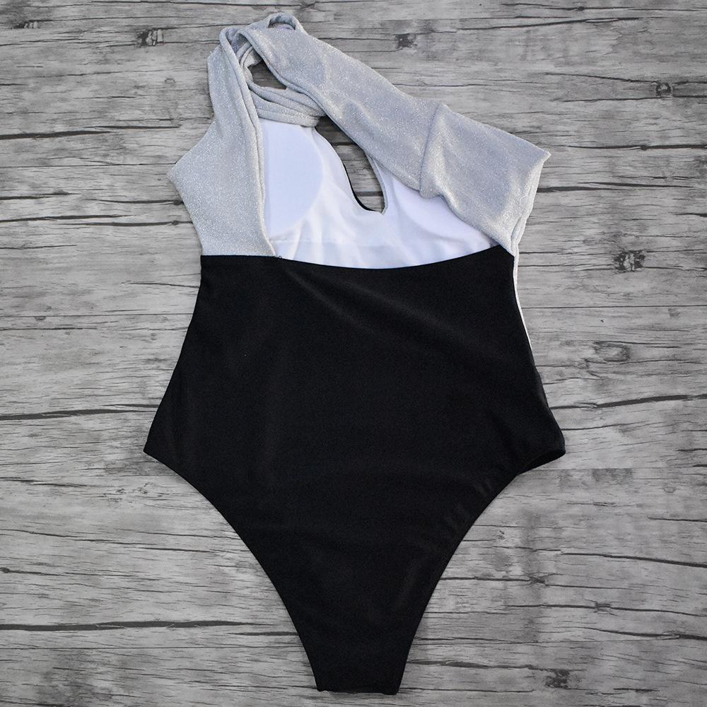 One Shoulder Black And White Stitching One Piece Swimsuit