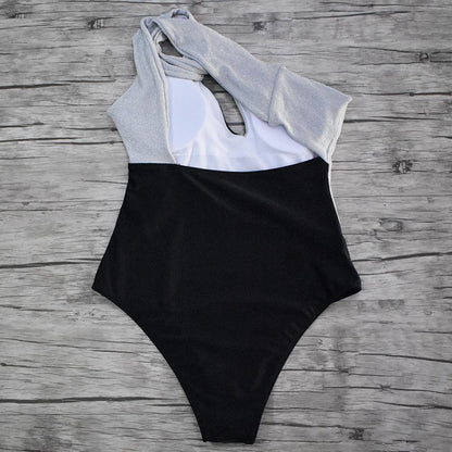 One Shoulder Black And White Stitching One Piece Swimsuit
