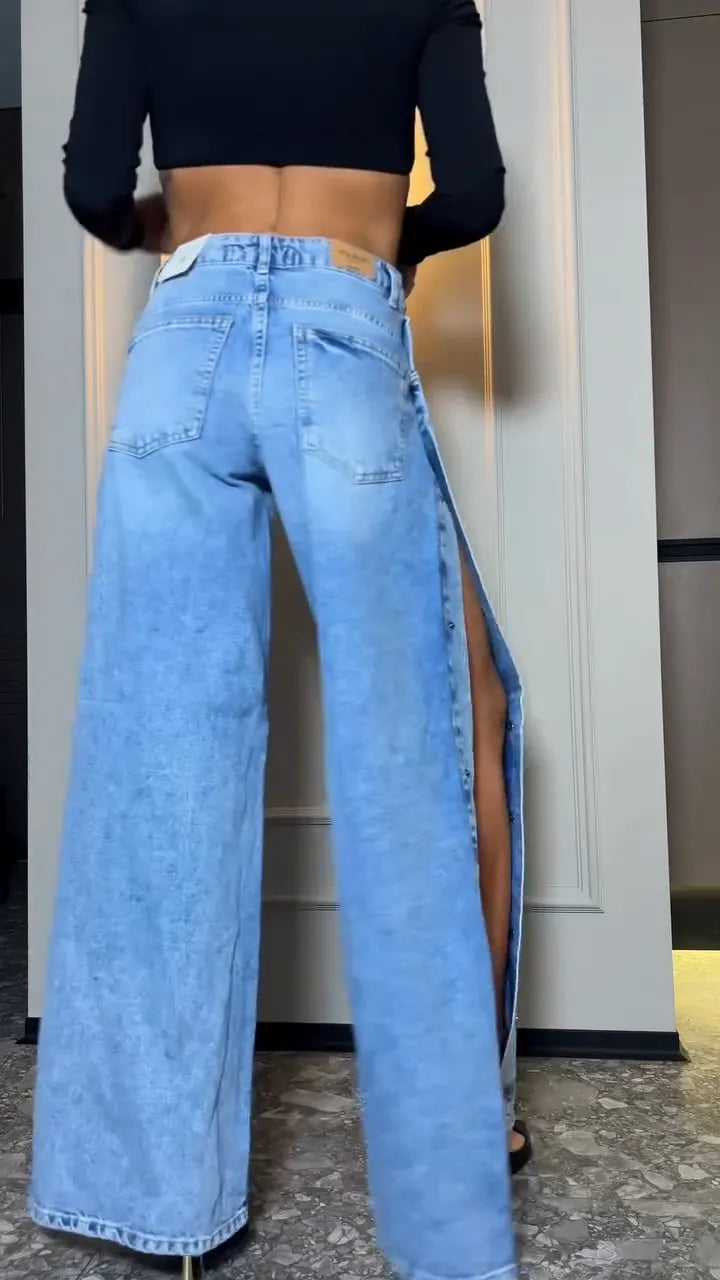 Gabrielle Rhinestone-Embellished Wide-Leg Jeans with Side Button Detail