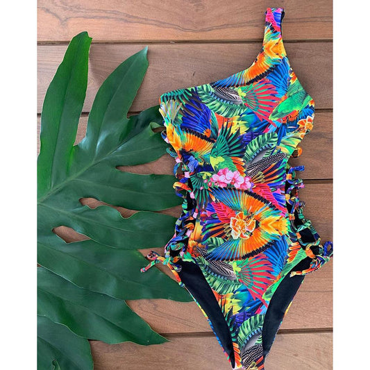 Women'S One Piece Swimsuit Print Sexy One Shoulder Strap Three Point Swimsuit