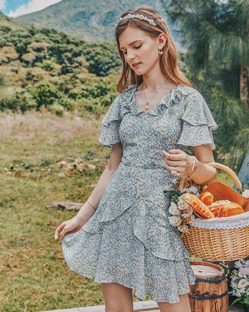 Summer Women'S Pastoral Floral Lotus Leaf Collar Waist Slimming Dress