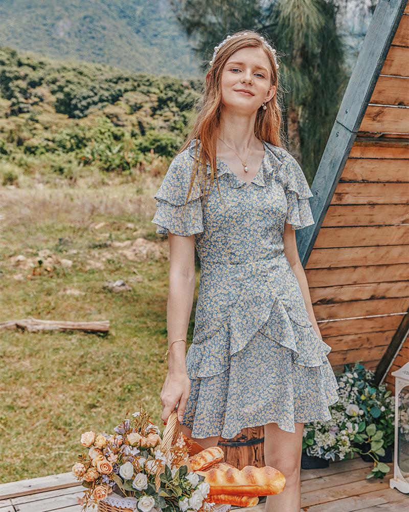 Summer Women'S Pastoral Floral Lotus Leaf Collar Waist Slimming Dress