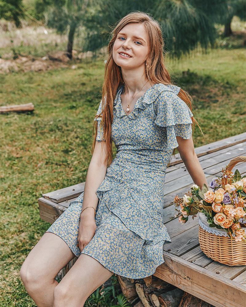 Summer Women'S Pastoral Floral Lotus Leaf Collar Waist Slimming Dress