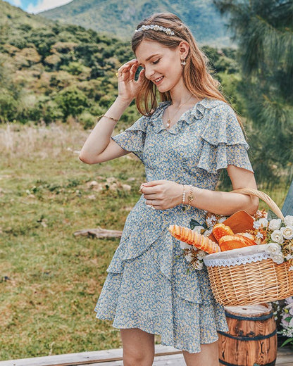 Summer Women'S Pastoral Floral Lotus Leaf Collar Waist Slimming Dress