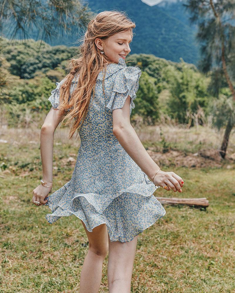Summer Women'S Pastoral Floral Lotus Leaf Collar Waist Slimming Dress