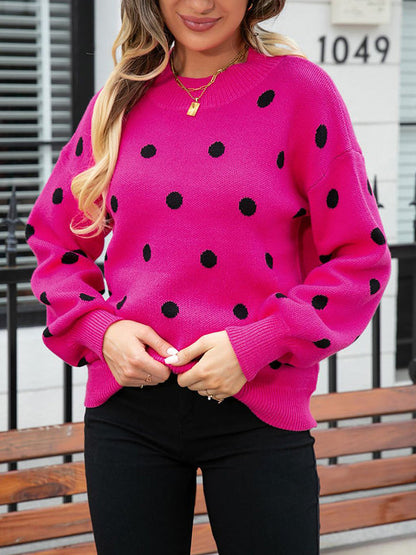 Long Sleeves Loose Polka-Dot Knitwear Pullovers Sweater Tops