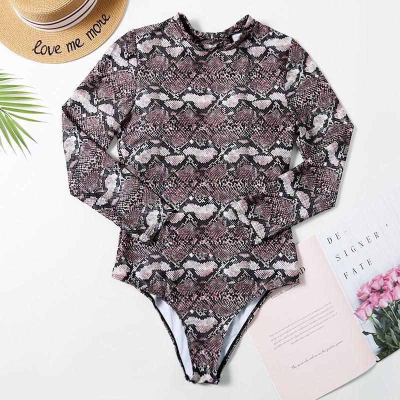 Snake Print Long Sleeve Halter Women'S Swimsuit
