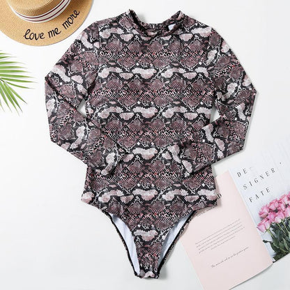 Snake Print Long Sleeve Halter Women'S Swimsuit