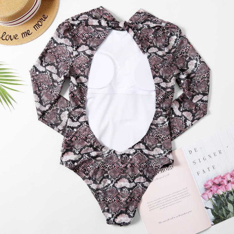 Snake Print Long Sleeve Halter Women'S Swimsuit