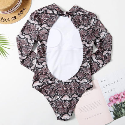 Snake Print Long Sleeve Halter Women'S Swimsuit