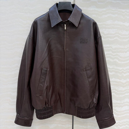 Miu SS26 Nappa Leather Blouson Jacket Marrone Lambskin 348080