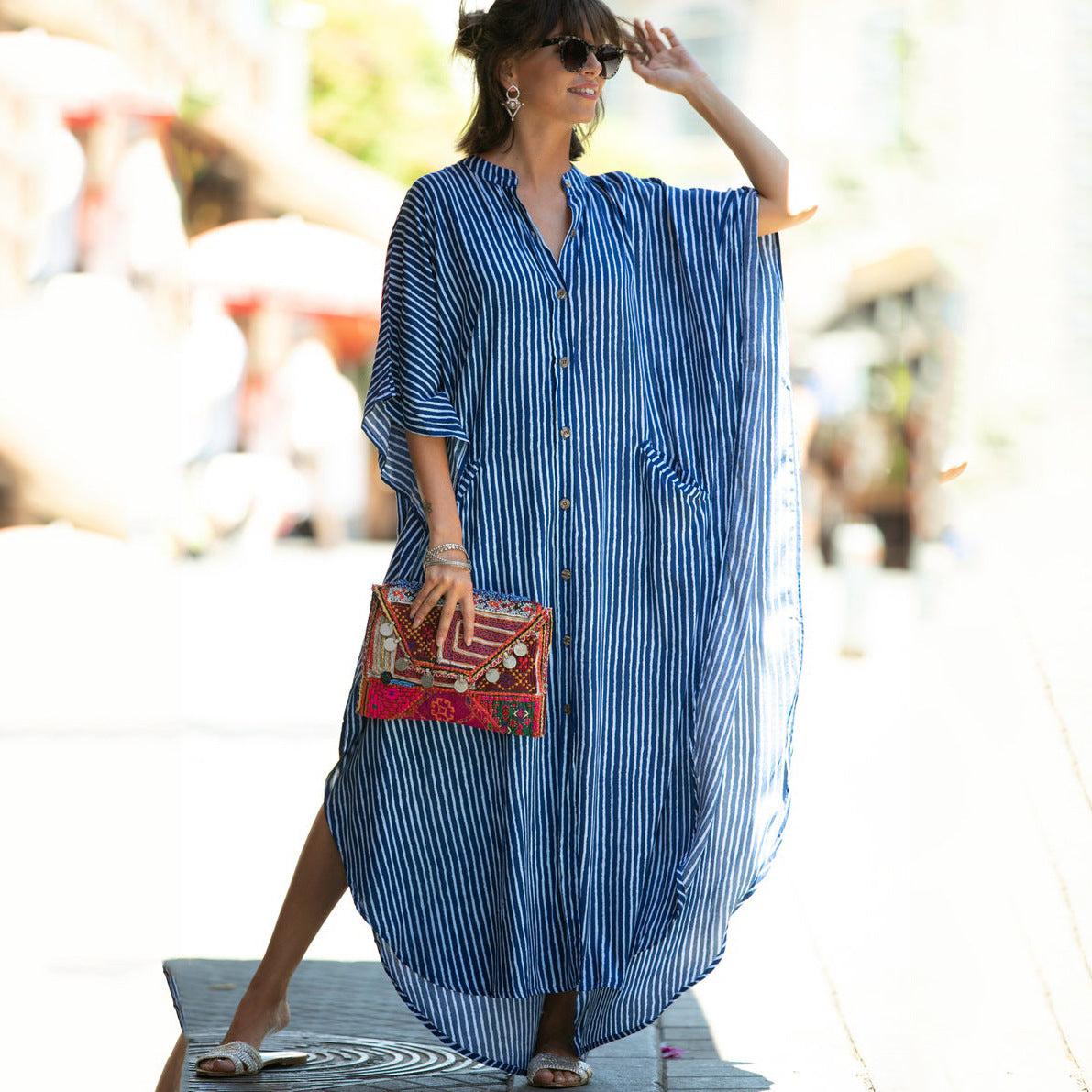 Four-Sided Elastic-Printed Beach Blouse Loose Pocket Single-Breasted Vacation Dress