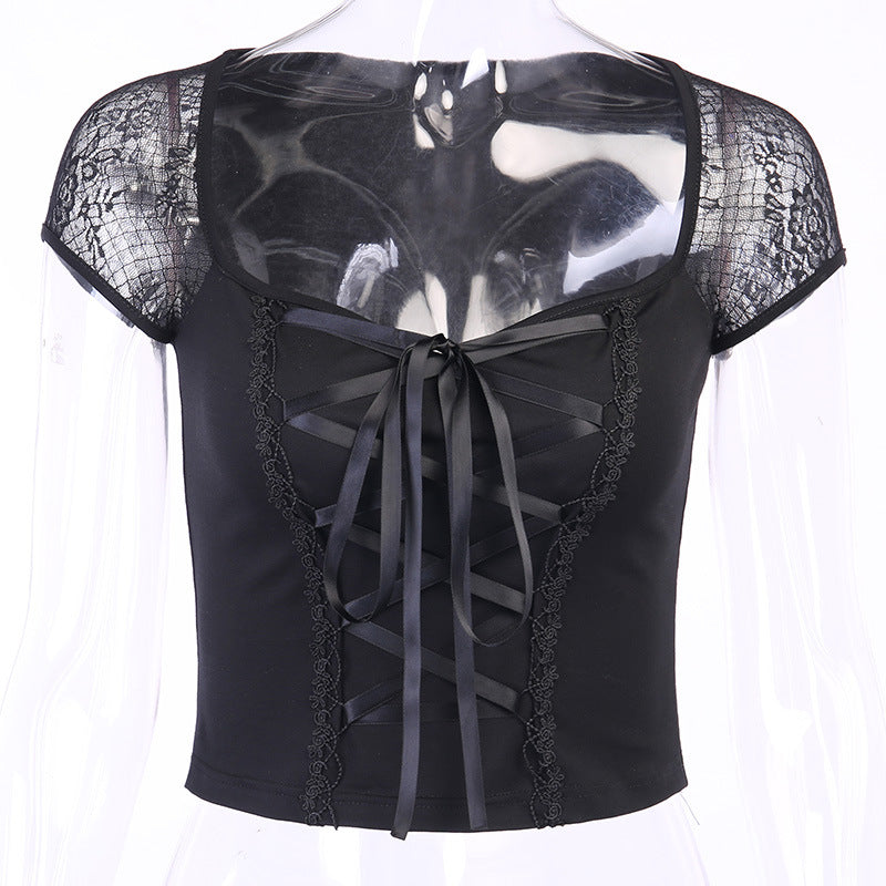 Sexy Lace-Accent Square Neck Short Sleeve Top
