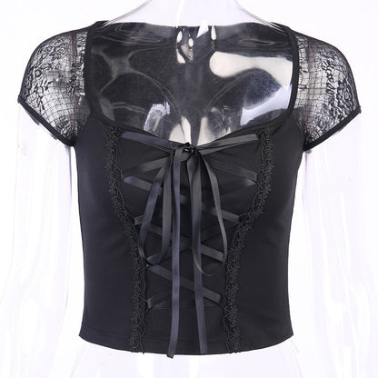 Sexy Lace-Accent Square Neck Short Sleeve Top