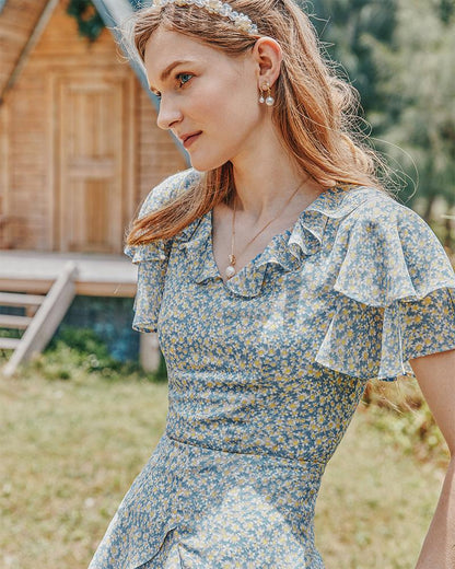 Summer Women'S Pastoral Floral Lotus Leaf Collar Waist Slimming Dress