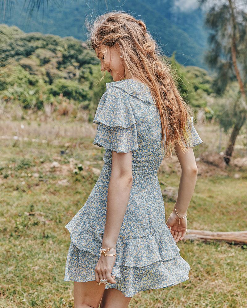 Summer Women'S Pastoral Floral Lotus Leaf Collar Waist Slimming Dress