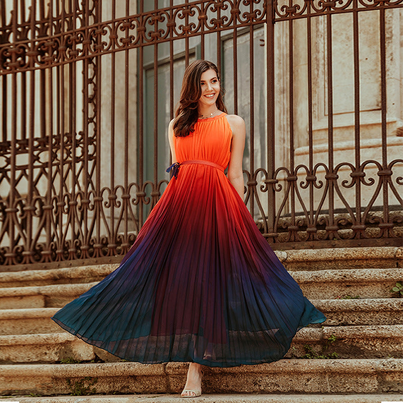 Gradient Oversized Skirt Crewneck  Sleeveless Tie Dress