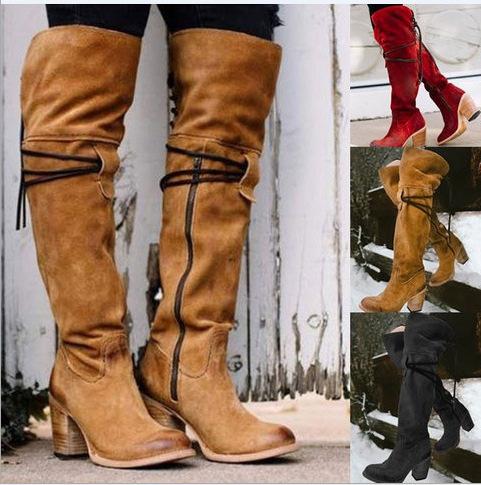 Winter Suede Round Head Side Zipper High Thick Heel Boots