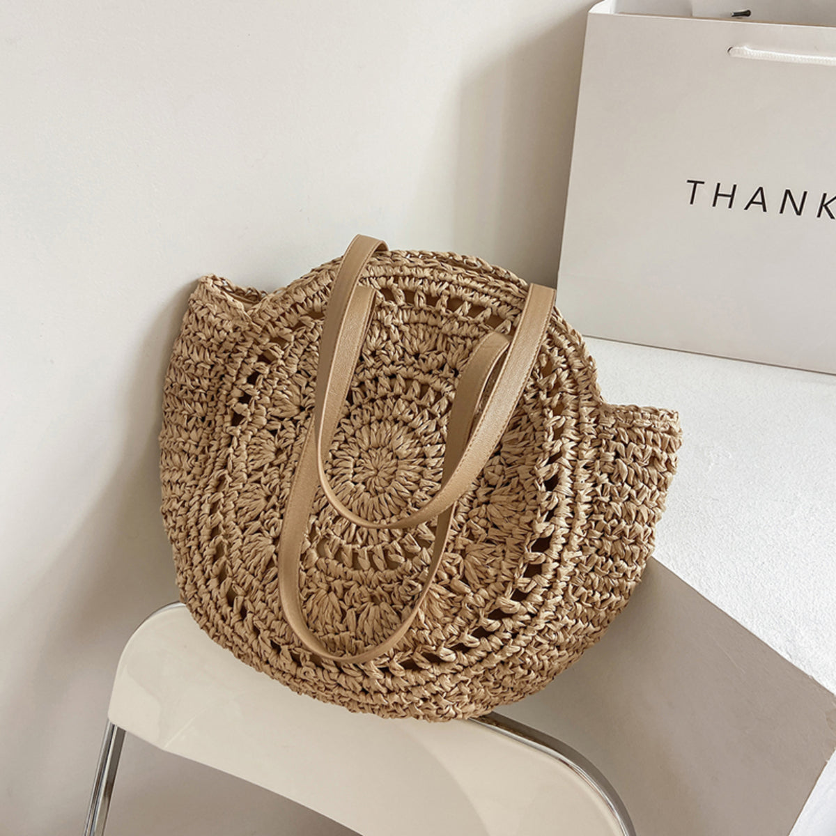 Cosbai - Round Hollow Woven Bag