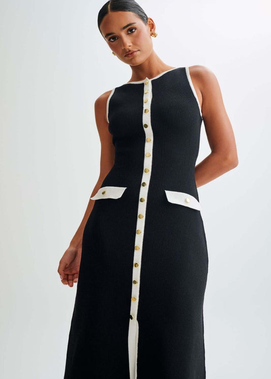 Contrast Trim Ribbed Knit Midi Dress