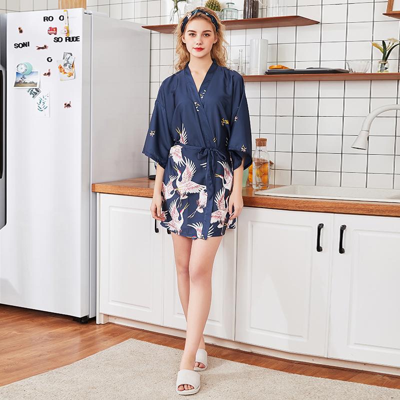 Silk Crane Pajama Girl Summer Mid Sleeve Bride Morning Robe Big Yard Home Robe Bathrobe Color56