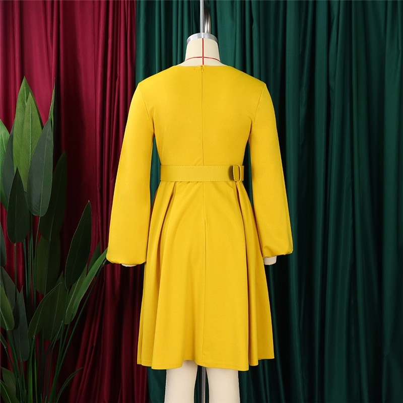 Solid Color Long Sleeve Round Neck Dress With Belt